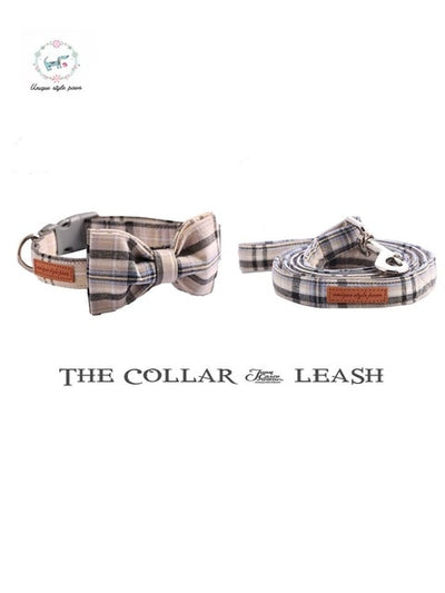 Khaki Plaid Dog Collar|Bowtie|Leash