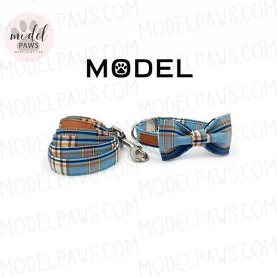 Fashion Plaid Blue Collar|Bowtie|Leash