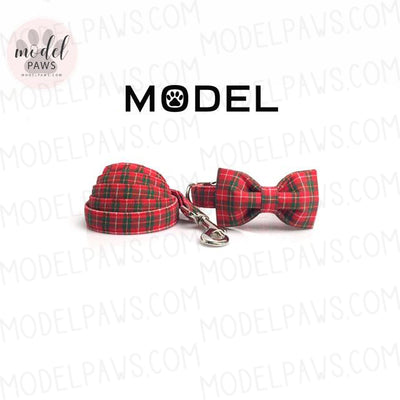 Red Christmas Plaid Dog Collar|Bowtie|Leash