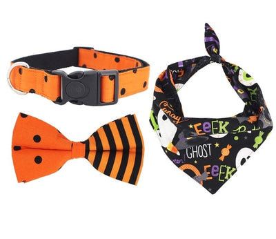 Halloween Themed Dog Collar | Bow Tie | Bandana Ghost, Jack o lantern, Candy corn, Spider