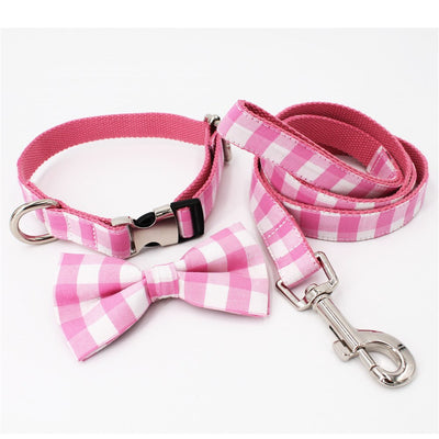 Pink gingham plaid Collar|Bowtie|Leash