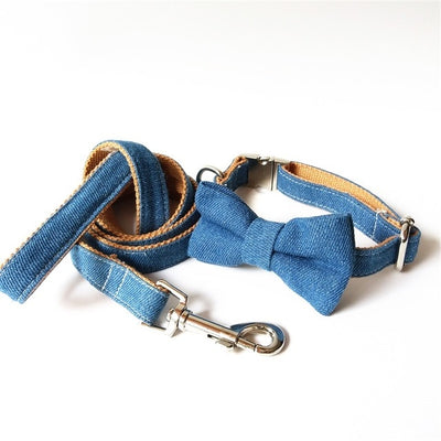Denim Jeans Bowtie Dog Collar & Leash
