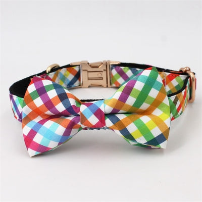 Rainbow Plaid Bowtie Dog Collar & Leash