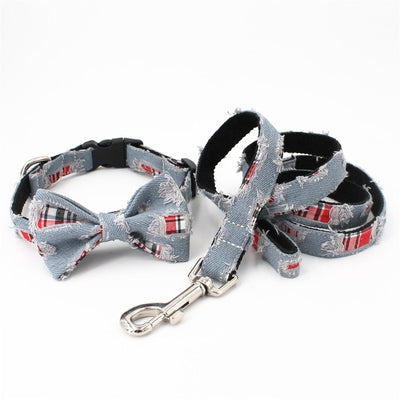 Denim Plaid Jeans Bowtie Dog Collar Harness & Leash